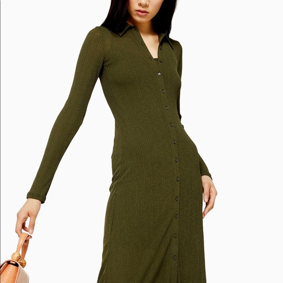 Top Shop Midi Dress Cardigan Style Button Down Ribbed Green NWOT - Picture 4 of 10